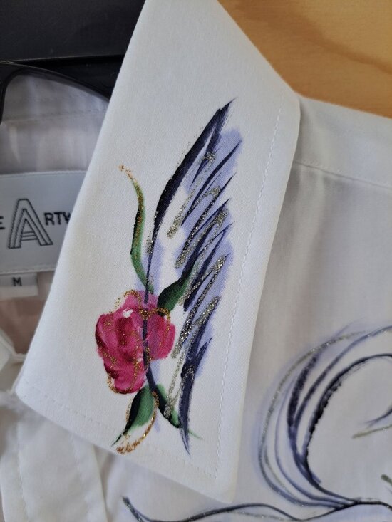 Hand-Painted Creative Artwear White Button-Up Shirt  Floral  Bird Women's Med - Picture 2 of 12